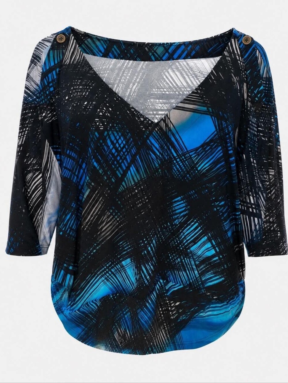 Worthington Blue & Black Abstract V-Neck Tunic with Shoulder Buttons